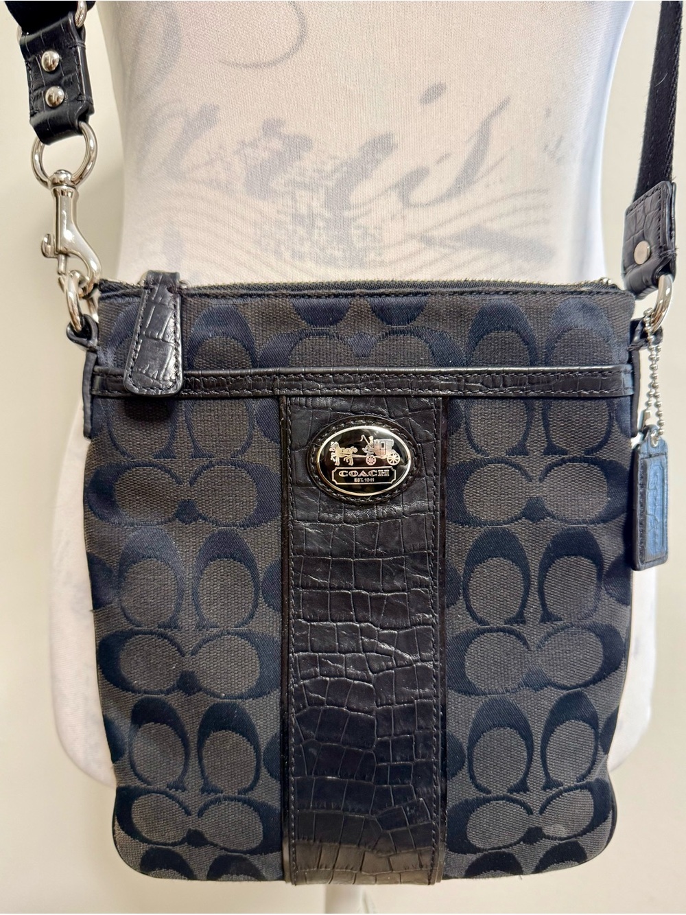 COACH Signature Crossbody, Patent Leather Trim, Black Canvas